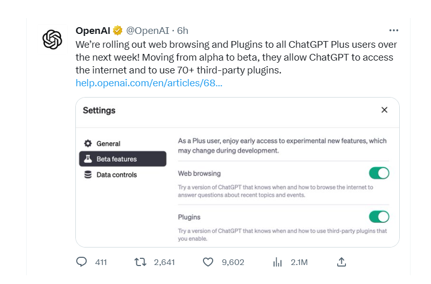 OpenAI官宣，将在下周向所有ChatGPT Plus用户推出网络浏览和插件，A股这些公司已经接入ChatGPT