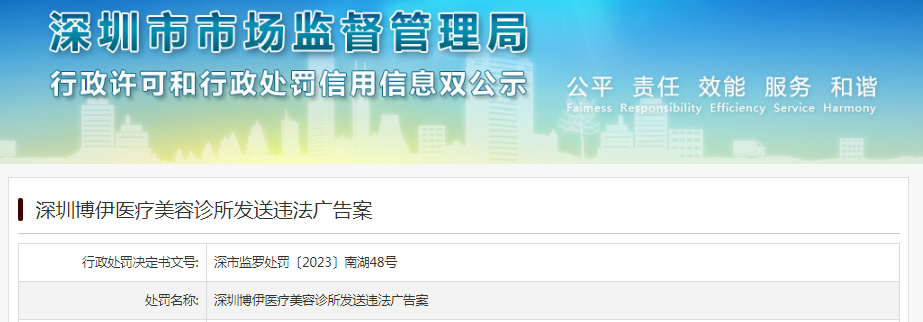 深圳博伊医疗美容诊所发送违法广告被罚款1000元