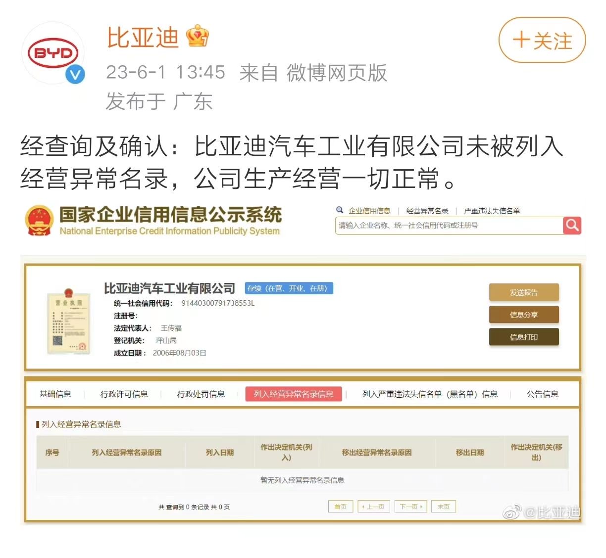 比亚迪：比亚迪汽车工业有限公司未被列入经营异常名录