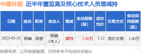 中建环能：5月31日公司高管杨巍增持公司股份合计10000股