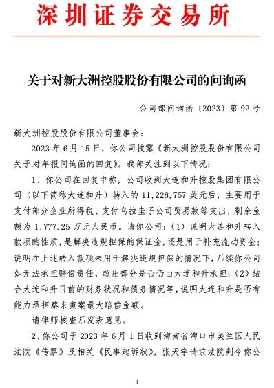 ST大洲收问询函：大连和升转入款项的性质？大连和升是否有能力同时承担蔡来寅案和张天宇案的最大赔偿金额？