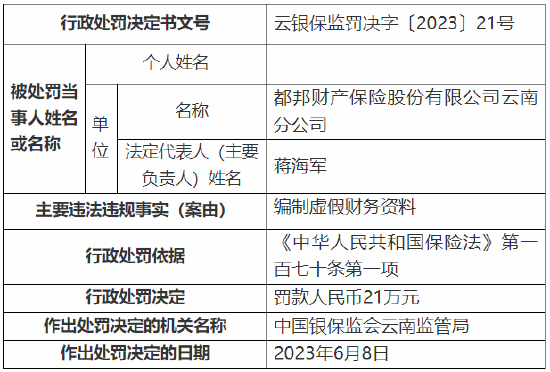 编制虚假财务资料 都邦财险云南分公司被罚21万元