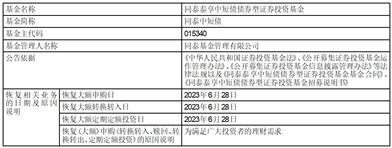 同泰泰享中短债债券型证券投资基金恢复大额申购(转换转入、定期定额投资)的公告