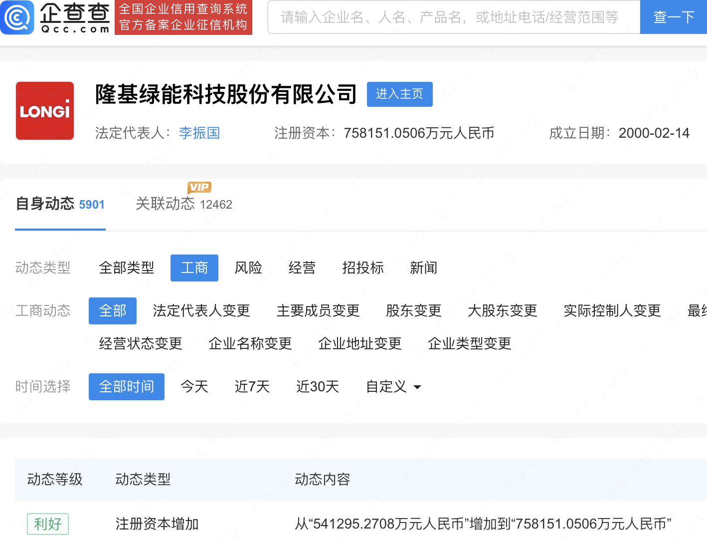 隆基绿能注册资本增加至75亿