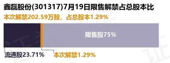 鑫磊股份(301317)202.59万股限售股将于7月19日解禁上市,占总股本1.29%