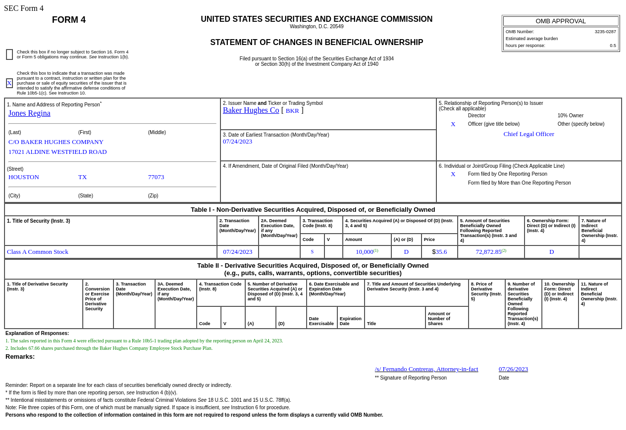 Baker Hughes(BKR.US)首席法务官售出1万股普通股股份，价值约为35.6万美元